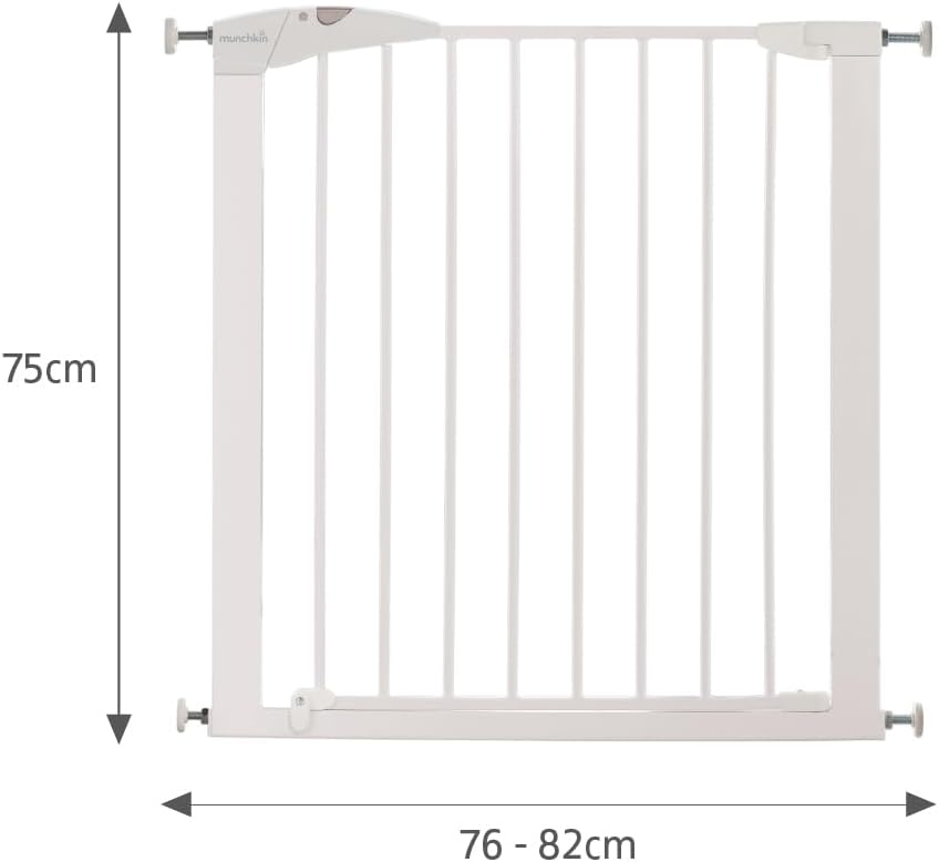 Munchkin Stair Gate Maxi Secure Toddler & Baby Gate 76-82cm extends up to 117cm with separately sold extensions | Pressure Fit Baby Safety & Dog Gate for Doorways | No-Screw Install Child Gate, White