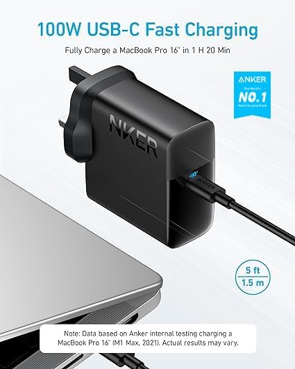 Anker 100W USB C Fast Charger, Compact and Foldable Plug with 1.5m Cable
