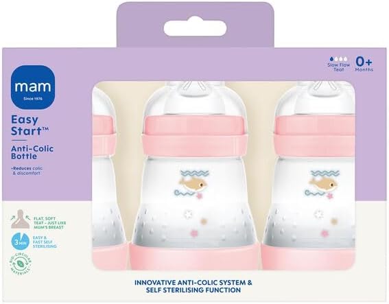 MAM Easy Start Anti-Colic Bottle| 3 x160ml, Self-Sterilising, Pink