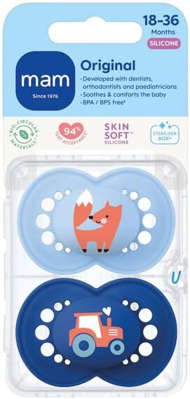 MAM Original Dummies, 18-36M, 2 Pack, Orthodontic Design, Blue