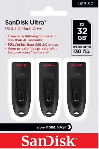 SanDisk 32GB Ultra USB 3.0 Flash Drive, USB stick, memory stick with transfer speeds up to 130MB/s, Password protection, RescuePRO Deluxe software for data recovery, Triple Pack, Black