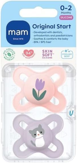 MAM Original Start Dummies, 0-2M, 2 Pack, Orthodontic Design, Pink/Purple