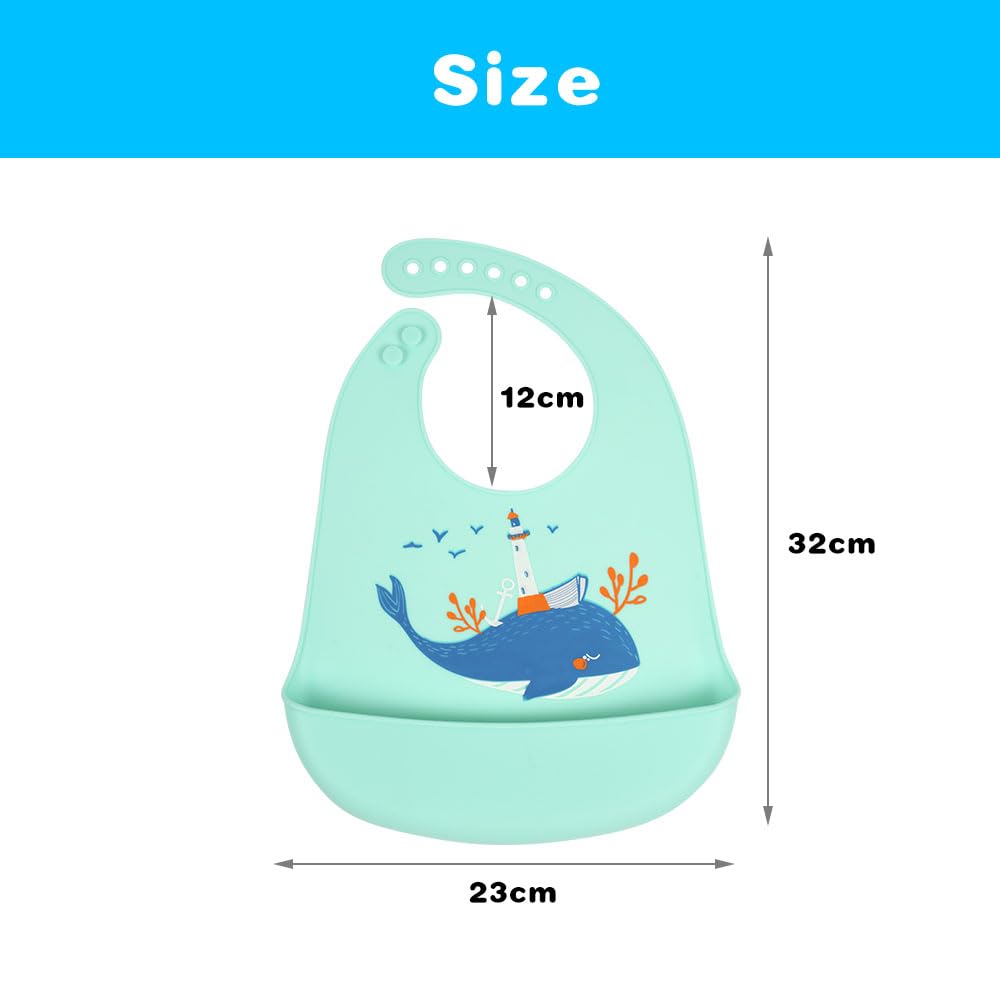 Vicloon Silicone Baby Bib, Baby Weaning Bibs, Waterproof Baby Feeding Bibs Adjustable with Wide Food Catcher Pocket Unisex Toddler Bibs