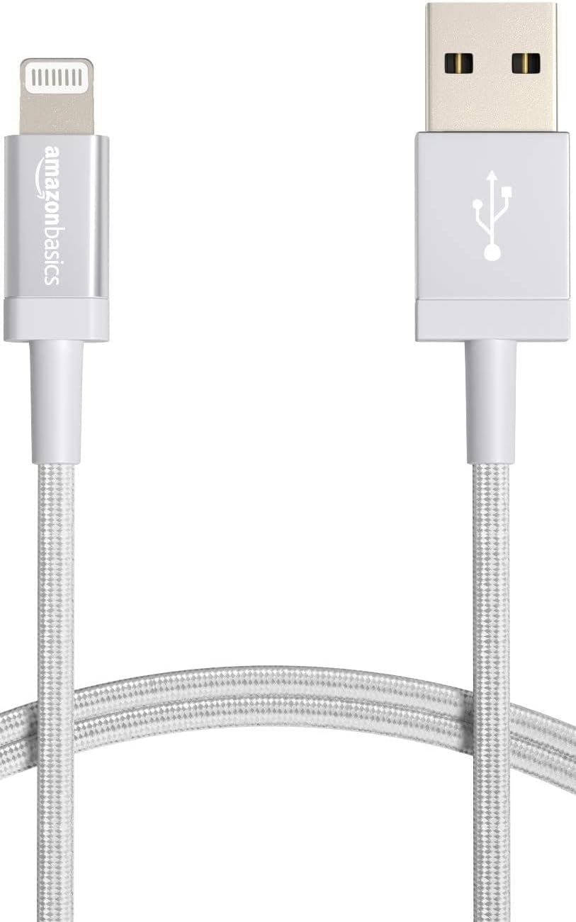 Amazon Basics USB to Lightning Cable, Nylon Braided Charger for iPhone 14 13 12 11 X iPad, 0.9 m, Silver