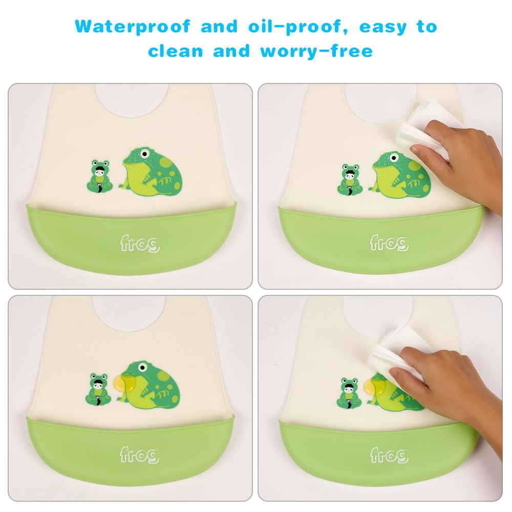 Vicloon Silicone Baby Bib, Baby Weaning Bibs, Waterproof Baby Feeding Bibs Adjustable with Wide Food Catcher Pocket Unisex Toddler Bibs