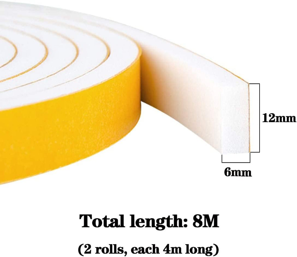 Draught Excluder Self Adhesive Foam Tape 6mm(W) x 3mm(T) Window Door Weather Stripping SoundProof Weather Strip Tape Seals for Gap Seal, 2 Rolls, Total 20M Long White
