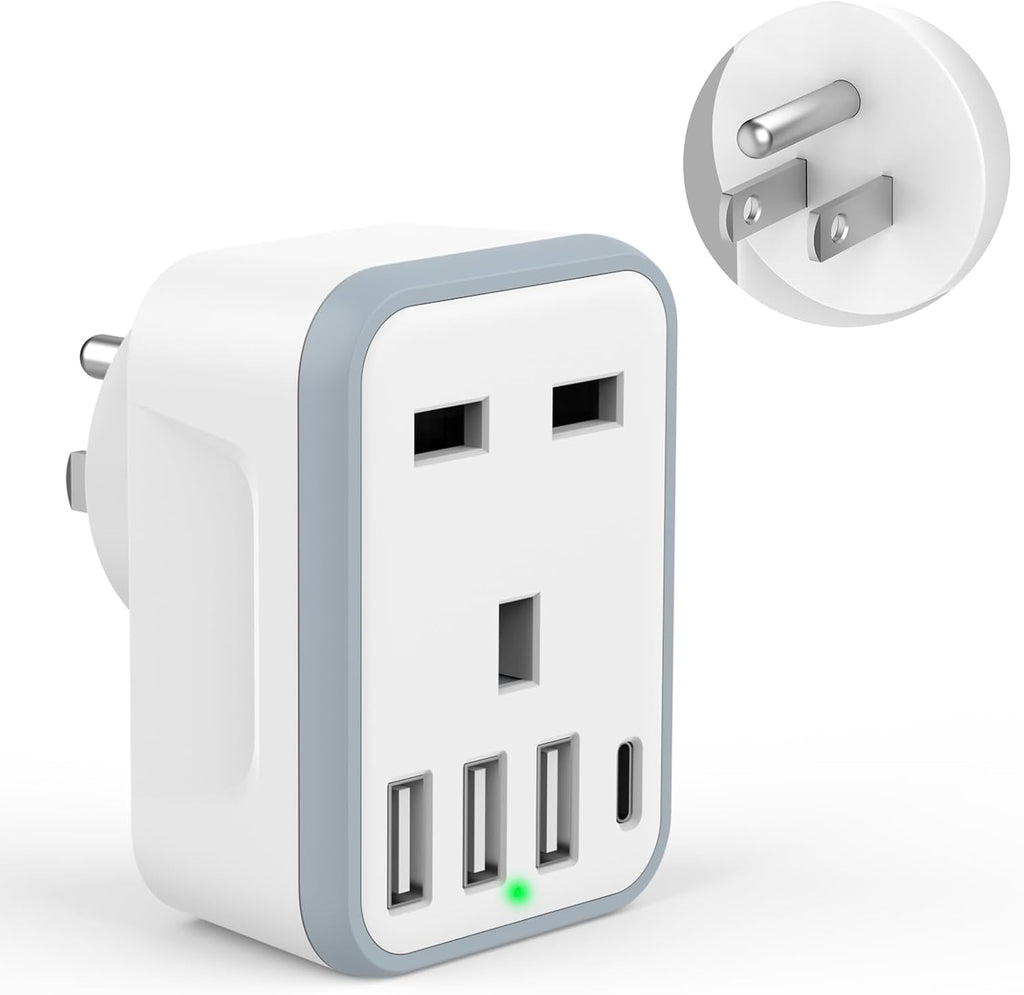 Loydia UK to US Plug Adaptor, 5 in 1 USA Plug Travel Adapter with 3 USB & 1 USB C Ports, American travel plug adapter from UK to USA, US, Canada, Thailand, Mexico, Colombia (Type B)