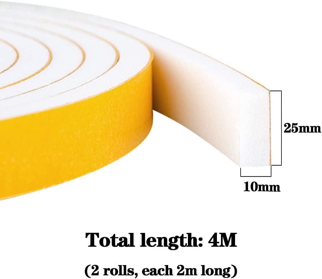 Draught Excluder Self Adhesive Foam Tape 6mm(W) x 3mm(T) Window Door Weather Stripping SoundProof Weather Strip Tape Seals for Gap Seal, 2 Rolls, Total 20M Long White