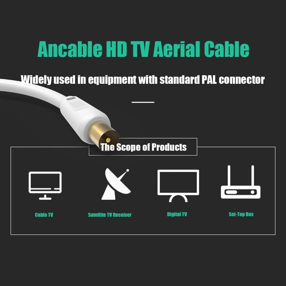 Ancable TV Aerial Cable with Coaxial Adapter 5M Black TV Ariel Lead