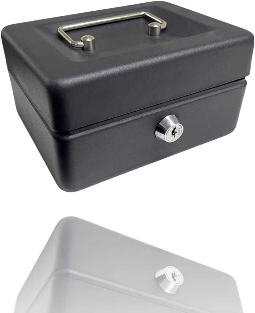 Requisite Needs Metal Money Box Tin 6" Steel Cash Safe Box Petty Cash Deposit Tin with Lock 2 Keys for Security (BLACK)
