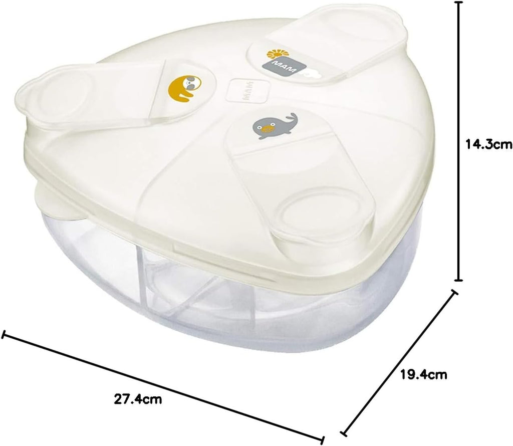 MAM Formula Dispenser | Stores 40g Per Serving and Holds 3 Servings | Spill-Free Snap Cover for Easy Opening | Baby Accessories | White (Various Designs)