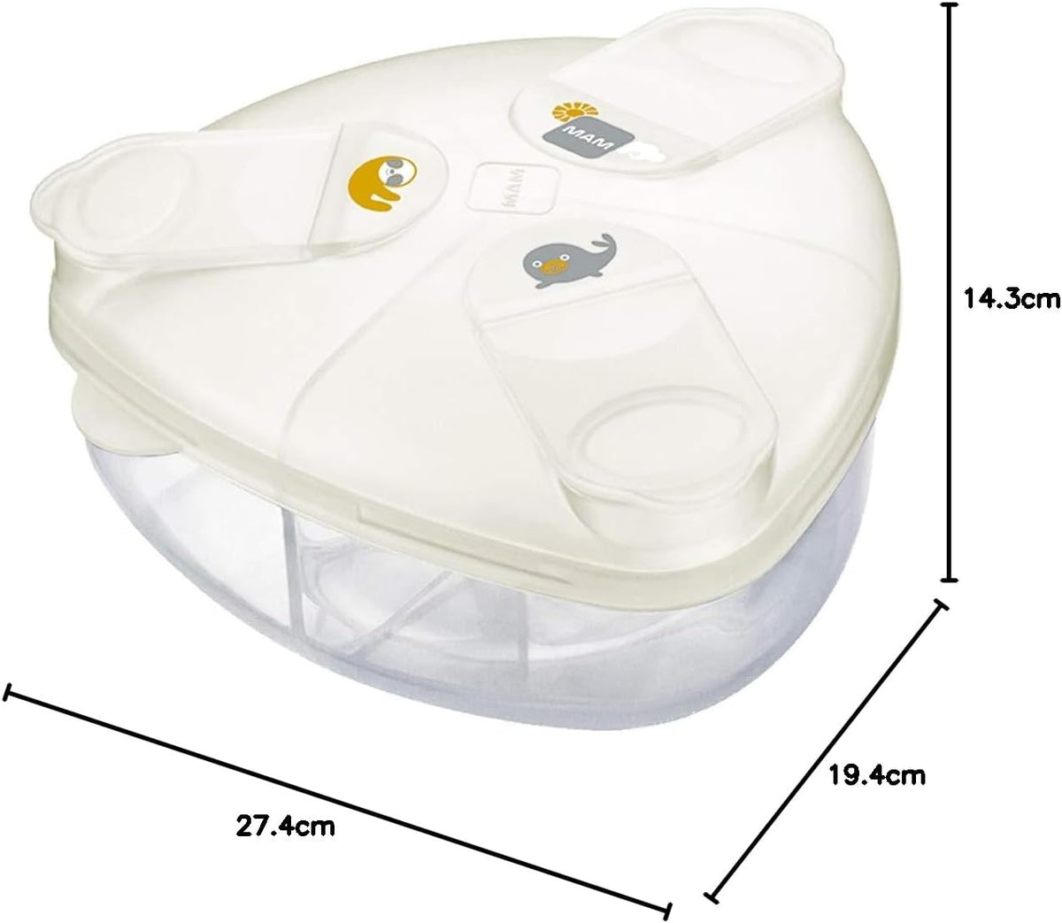 MAM Formula Dispenser | Stores 40g Per Serving and Holds 3 Servings | Spill-Free Snap Cover for Easy Opening | Baby Accessories | White (Various Designs)