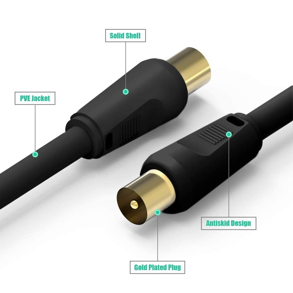 Ancable TV Aerial Cable with Coaxial Adapter 5M Black TV Ariel Lead