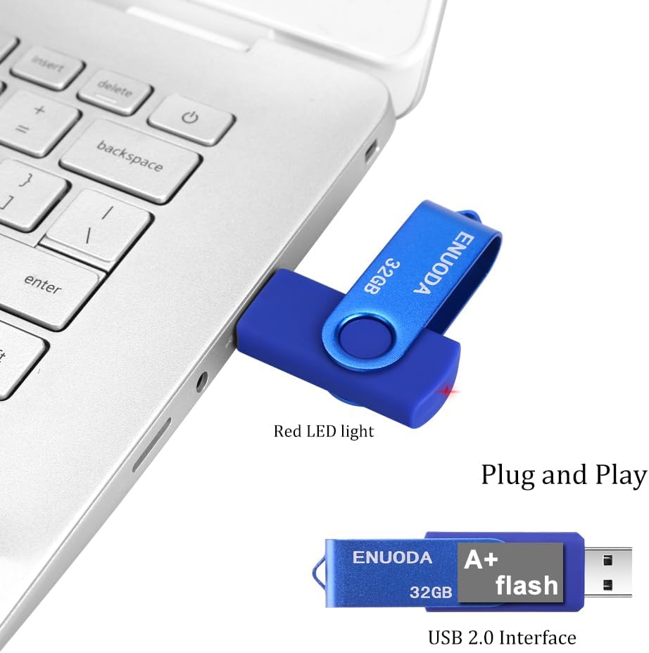 ENUODA Memory Stick 32GB USB 2.0 Flash Drives Swivel Design Pen Drive Fold Storage Thumb Drive with LED Light(Blue)