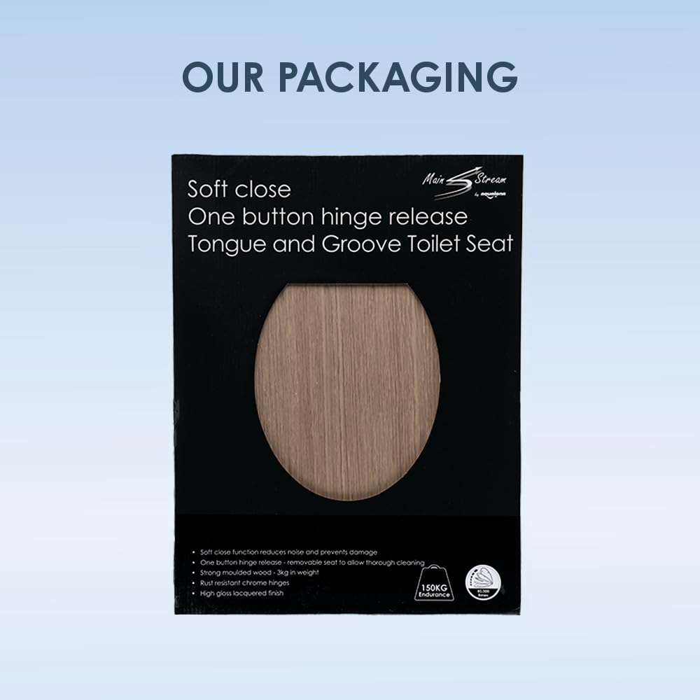 AQUALONA® Luxury Grey Oak Effect Toilet Seat - Soft Close MDF Moulded Wood Seat with Quick Release Button and Durable Hinges - Comfortable, Easy to Clean and Install with Universal Fittings