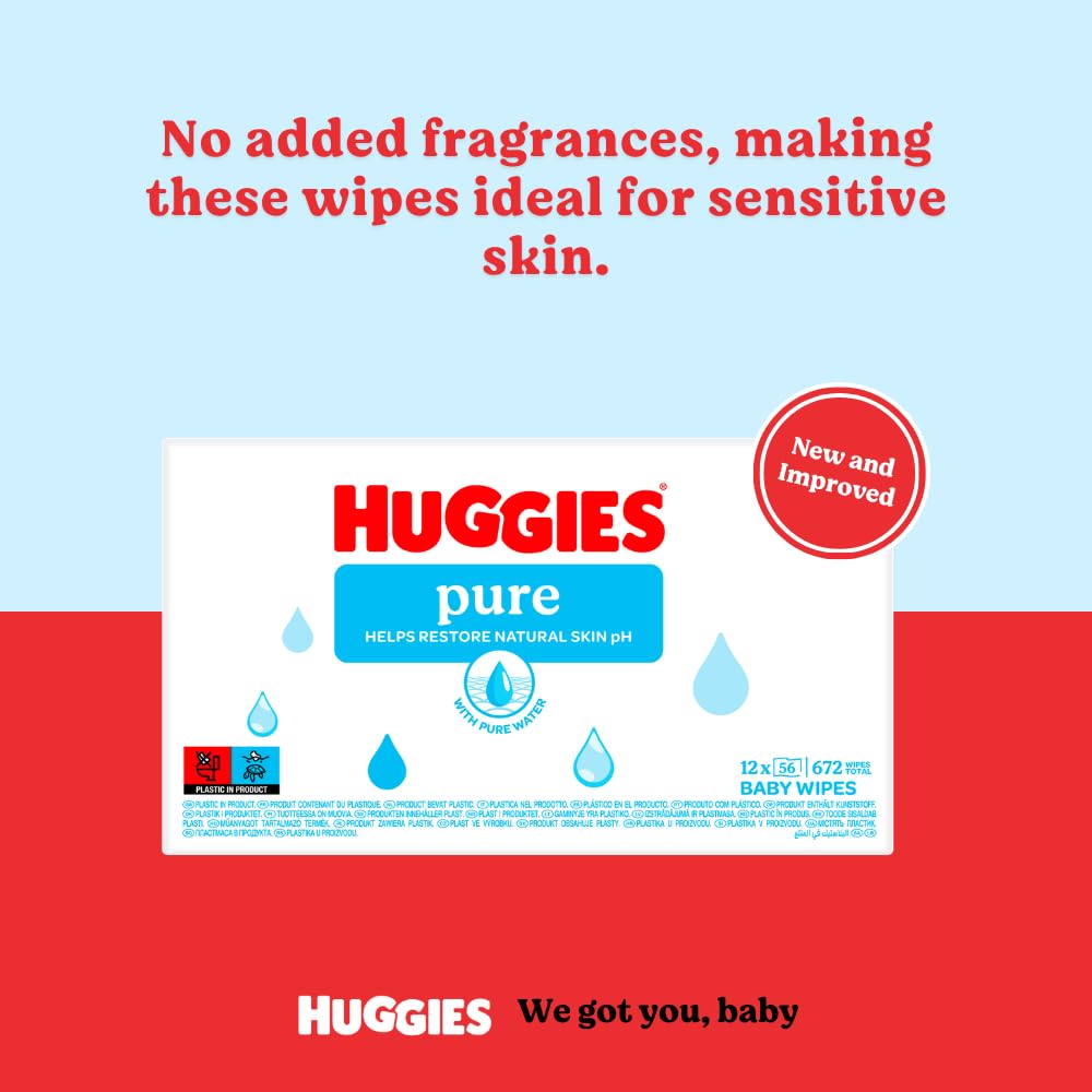 Huggies Pure Plastic Free Baby Wipes - Pack of 18 (864 Wipes) - 99% Water Wet Wipes, Fragrance Free, Hypoallergenic, Better Cleaning, Soft and Gentle on Babies' Delicate Skin