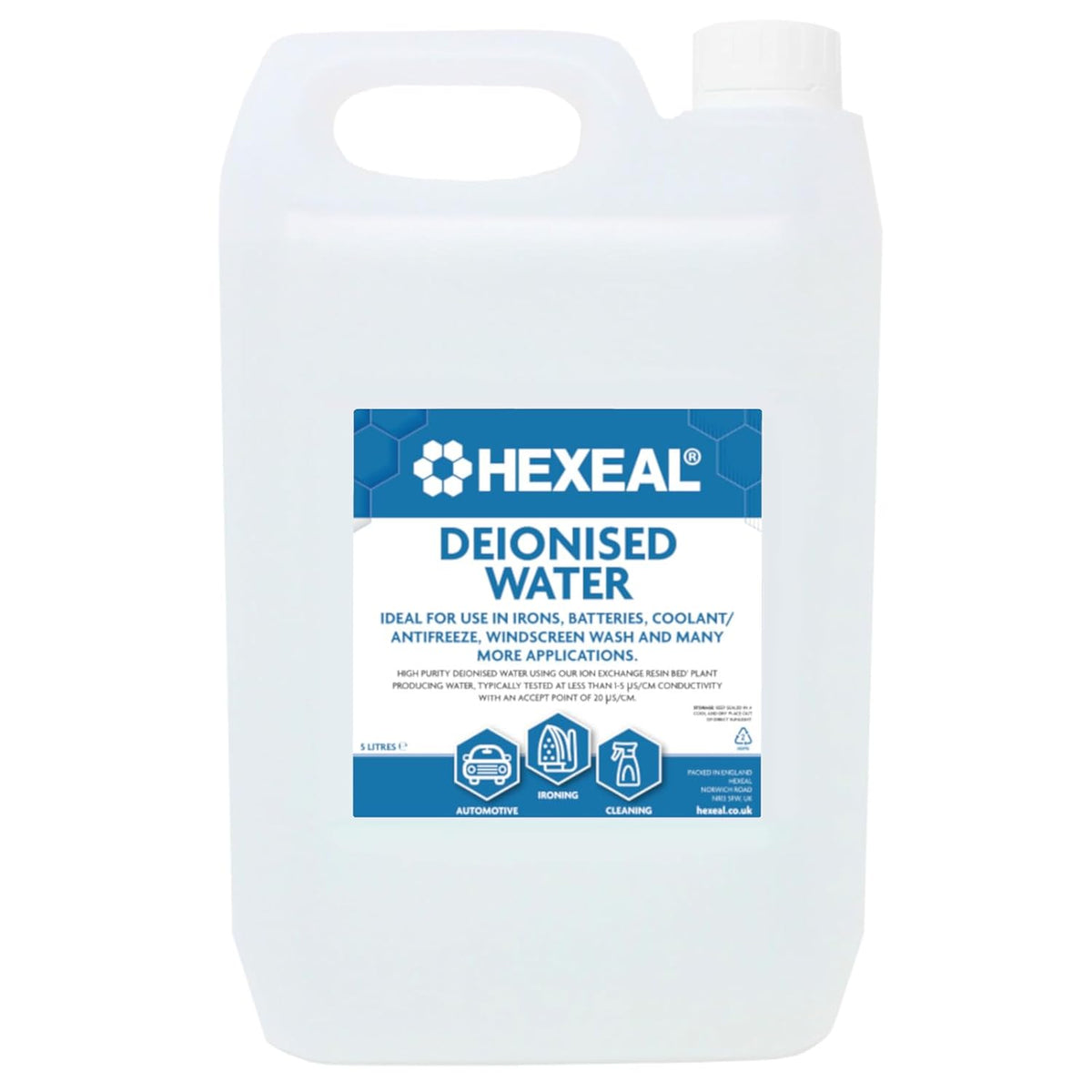 Hexeal Deionised Water 5L - For Steam Irons, Car Batteries & Vehicles