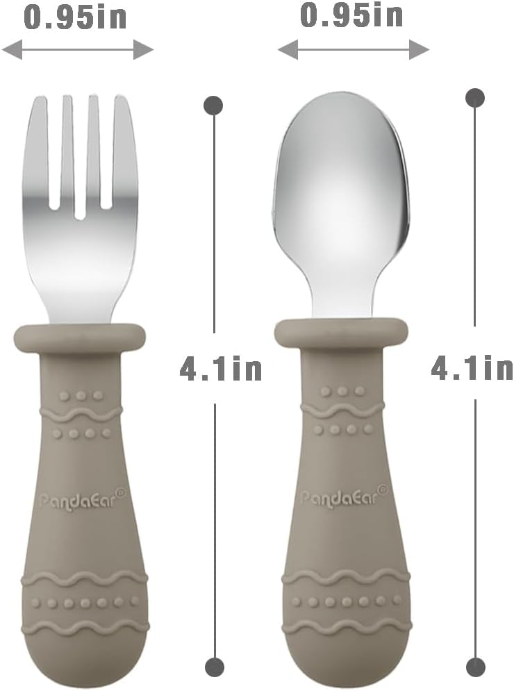 PandaEar 6 Pack Toddler Cutlery Set| Baby Fork and Spoon Set| Stainless Steel Childrens Kids Cutlery| Baby Cutlery Self Feeding 12 Months Plus with Silicone Holding Anti-Choke Design (Blue/Brown/Red)