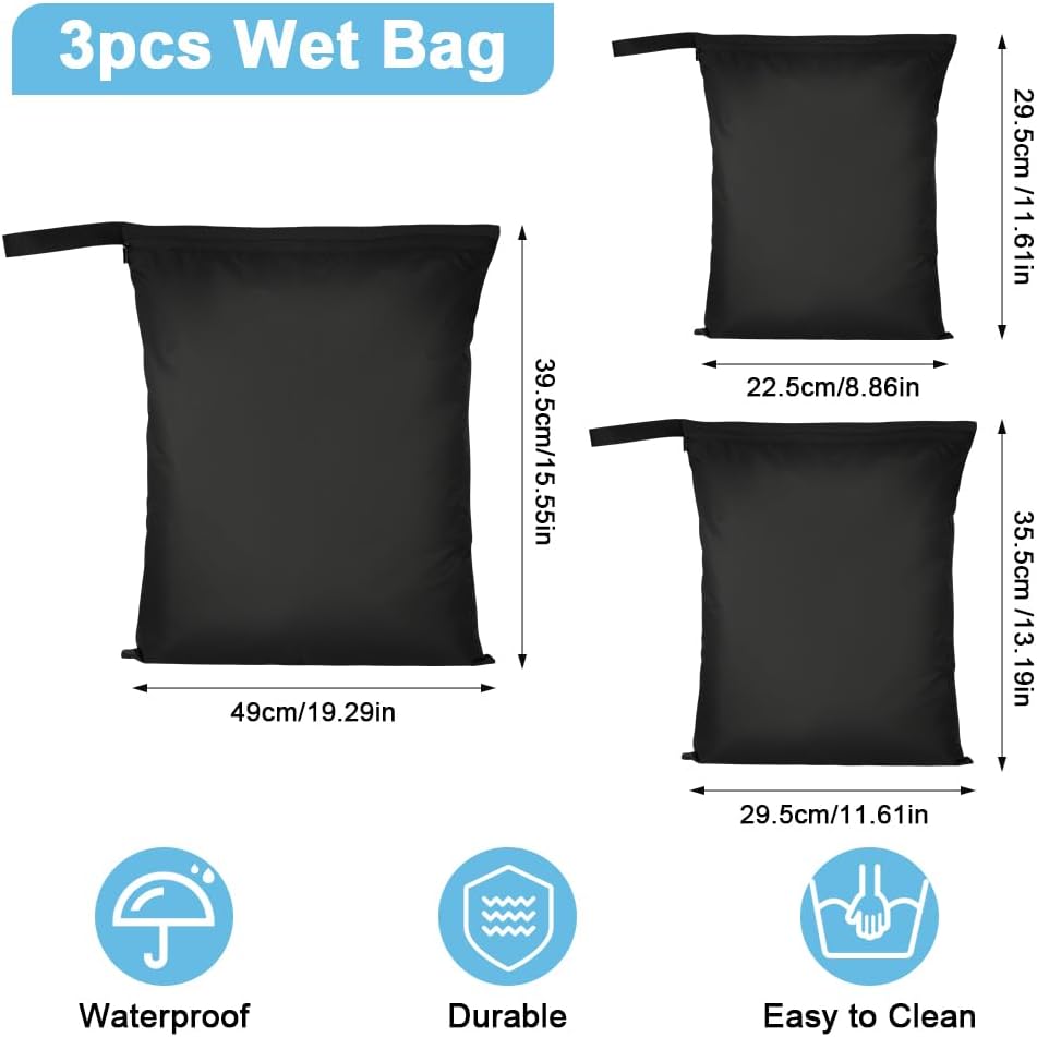 3PCS Wet Bags for Baby Items, Wet Swimsuits, Beach, Camping(Black)