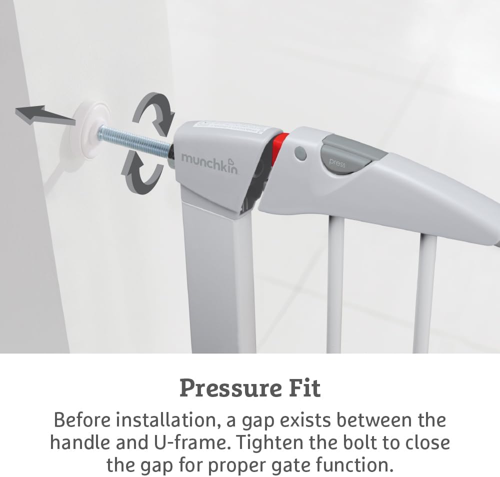 Munchkin Stair Gate Maxi Secure Toddler & Baby Gate 76-82cm extends up to 117cm with separately sold extensions | Pressure Fit Baby Safety & Dog Gate for Doorways | No-Screw Install Child Gate, White