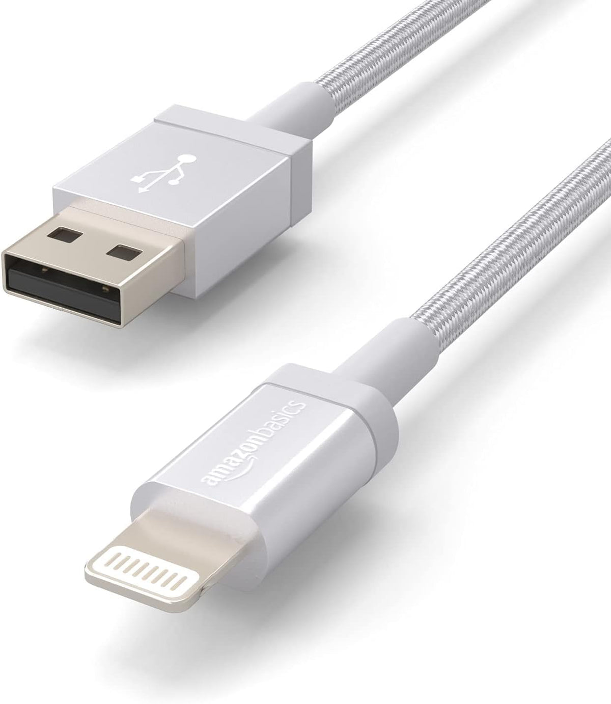 Amazon Basics USB to Lightning Cable, Nylon Braided Charger for iPhone 14 13 12 11 X iPad, 0.9 m, Silver