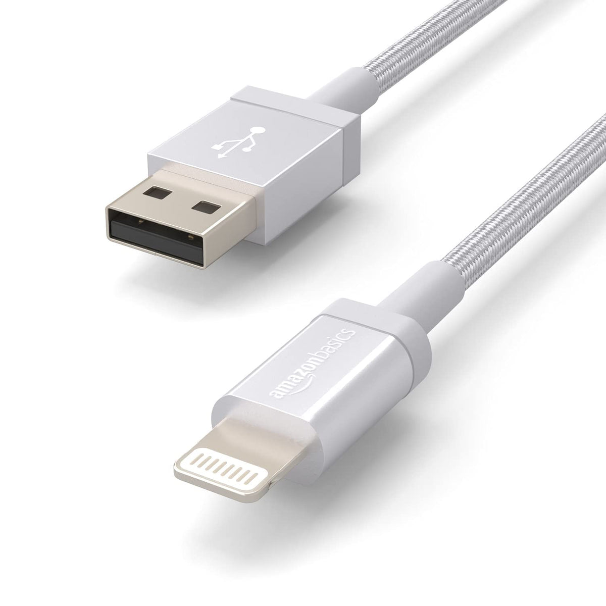 Amazon Basics USB to Lightning Cable, Nylon Braided Charger for iPhone 14 13 12 11 X iPad, 0.9 m, Silver