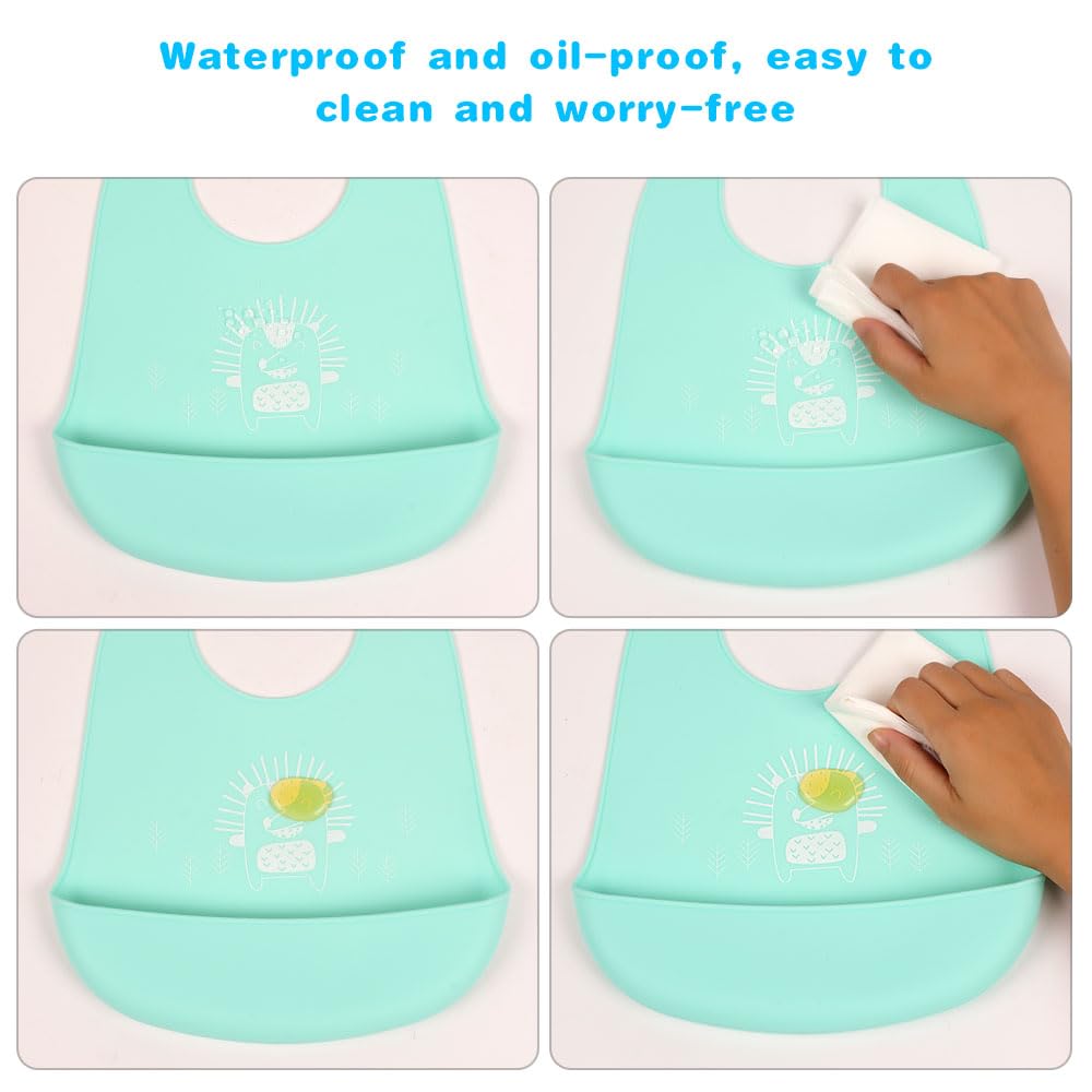 Vicloon Silicone Baby Bib, Baby Weaning Bibs, Waterproof Baby Feeding Bibs Adjustable with Wide Food Catcher Pocket Unisex Toddler Bibs