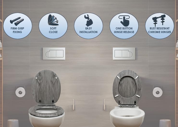 AQUALONA® Luxury Grey Oak Effect Toilet Seat - Soft Close MDF Moulded Wood Seat with Quick Release Button and Durable Hinges - Comfortable, Easy to Clean and Install with Universal Fittings