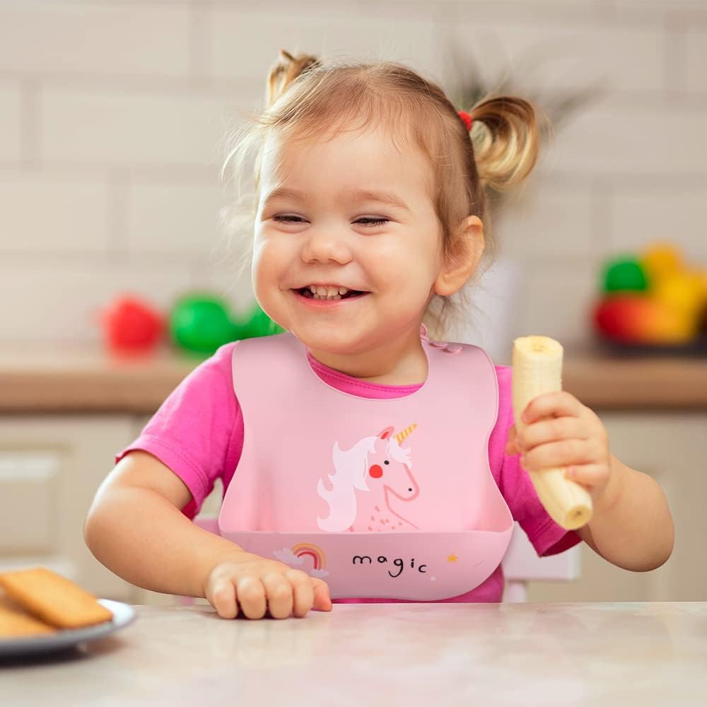 Vicloon Silicone Baby Bib, Baby Weaning Bibs, Waterproof Baby Feeding Bibs Adjustable with Wide Food Catcher Pocket Unisex Toddler Bibs