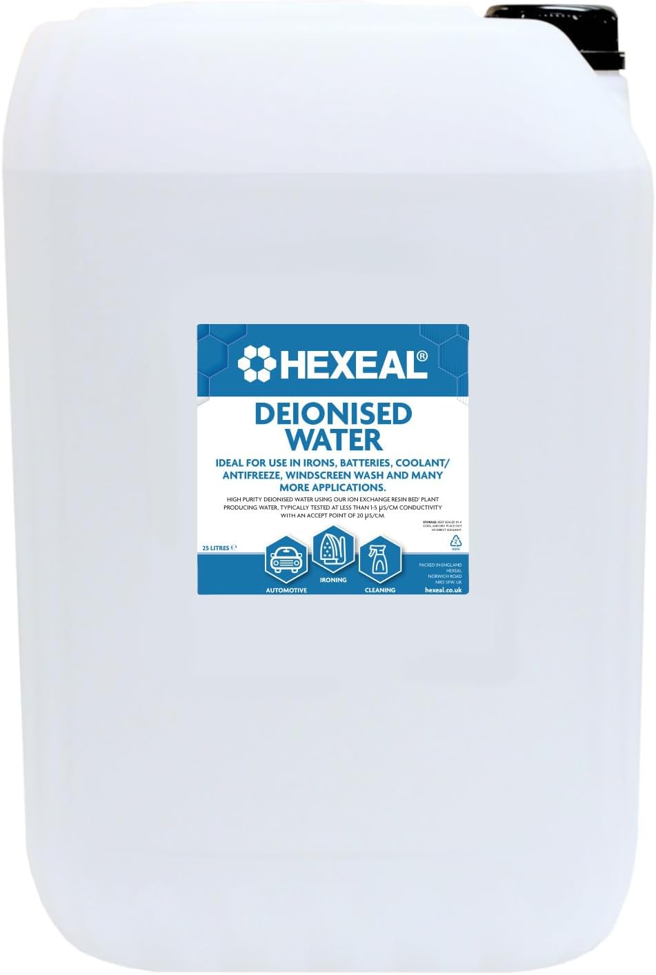 Hexeal Deionised Water 25L - For Steam Irons, Car Batteries & Vehicles