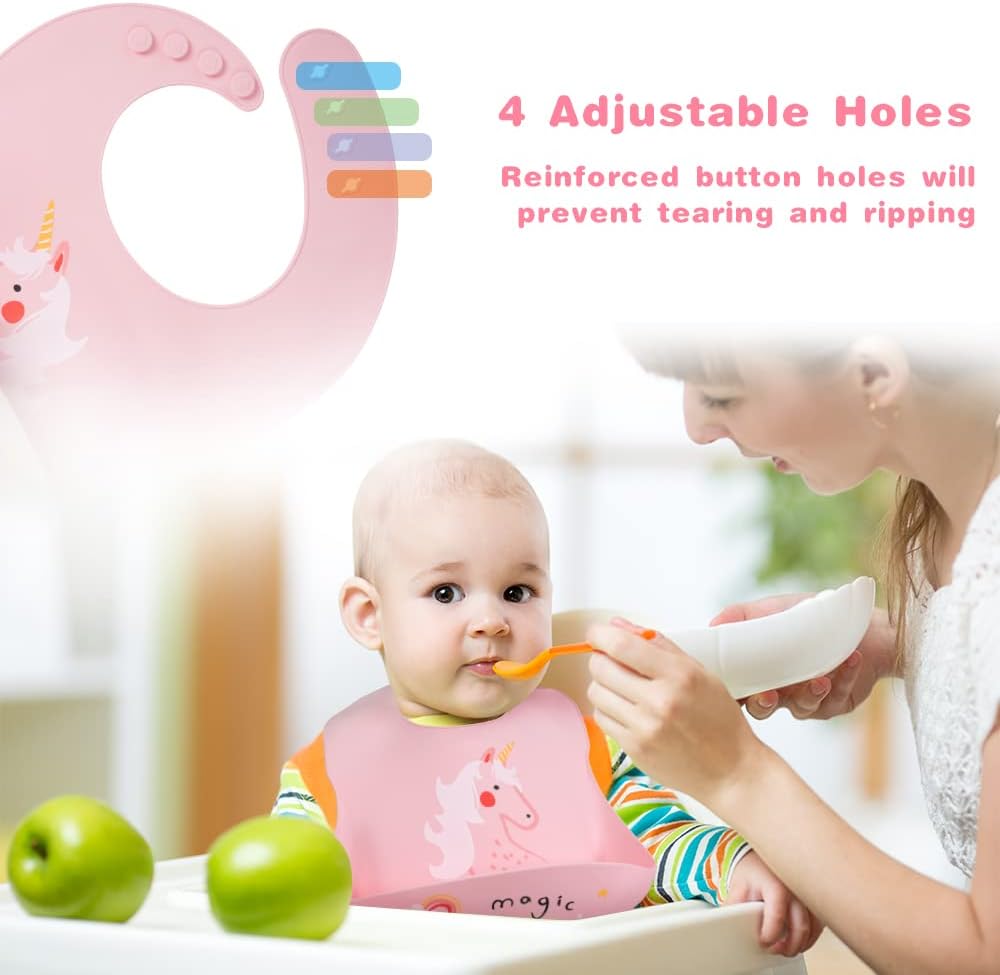 Vicloon Silicone Baby Bib, Baby Weaning Bibs, Waterproof Baby Feeding Bibs Adjustable with Wide Food Catcher Pocket Unisex Toddler Bibs