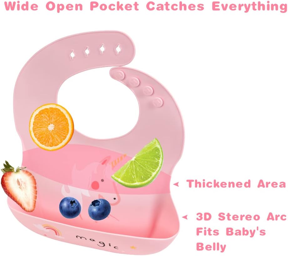 Vicloon Silicone Baby Bib, Baby Weaning Bibs, Waterproof Baby Feeding Bibs Adjustable with Wide Food Catcher Pocket Unisex Toddler Bibs