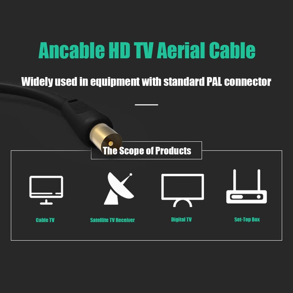 Ancable TV Aerial Cable with Coaxial Adapter 5M Black TV Ariel Lead