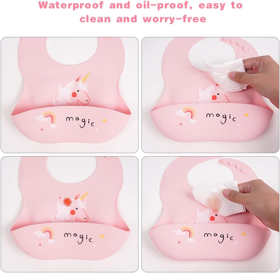 Vicloon Silicone Baby Bib, Baby Weaning Bibs, Waterproof Baby Feeding Bibs Adjustable with Wide Food Catcher Pocket Unisex Toddler Bibs