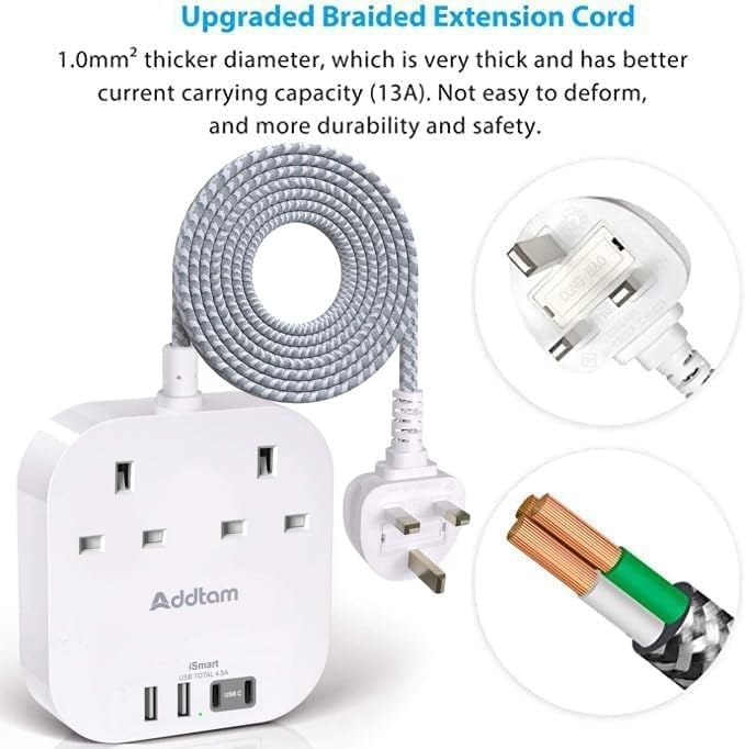 Extension Lead, Power Strips with 2 Way Outlets 4(4.5A, 2 Type C & 2 USB-A)