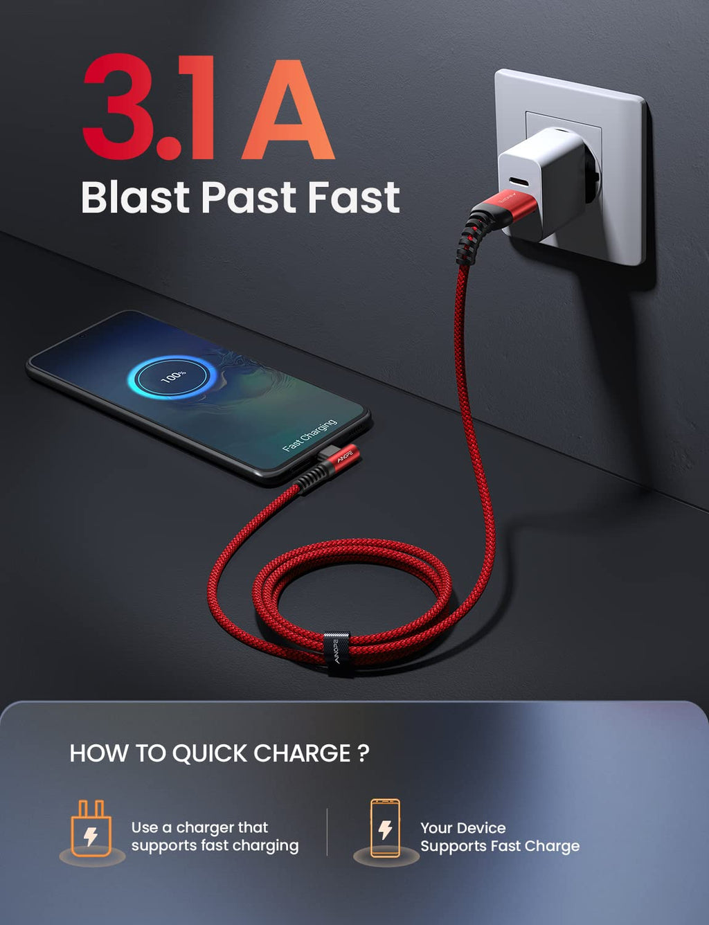 AINOPE 2-Pack 0.5ft USB C Cable, 3.1A Fast Charging, Right Angle, Durable Nylon Braided, Compatible with Galaxy S22 S21 Plus S20, Note 10 9 LG, Type C Charger