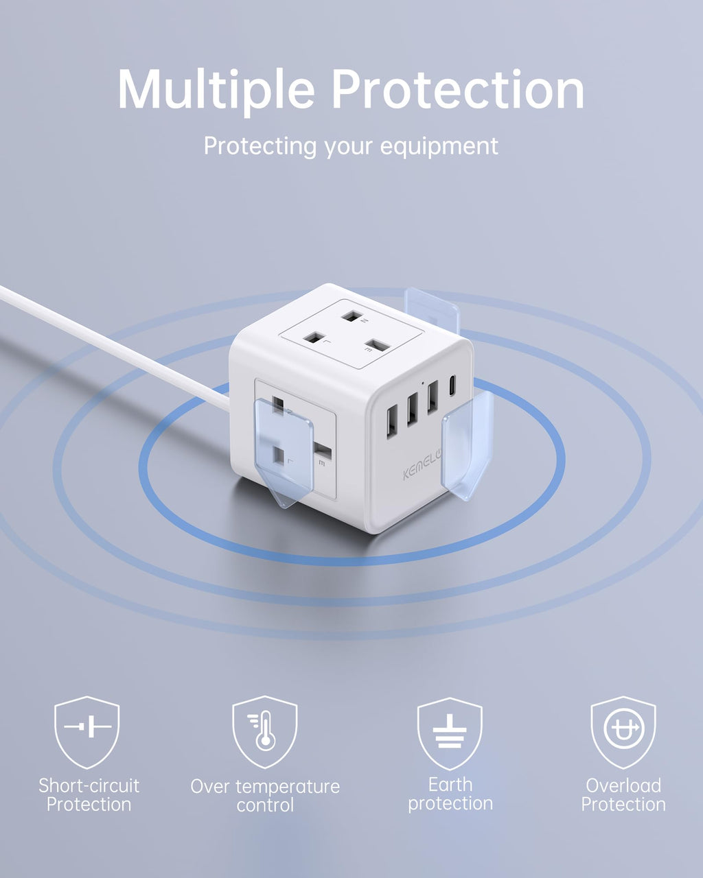 PD20W Cube Extension Lead with 4 USB Slots, Kemelo 4 Way (13A/3250W) Multi Plug Extension Cable with Child Safety UK Desktop Power Extension Socket,1.5M Extension Cords for Home Dorm Office