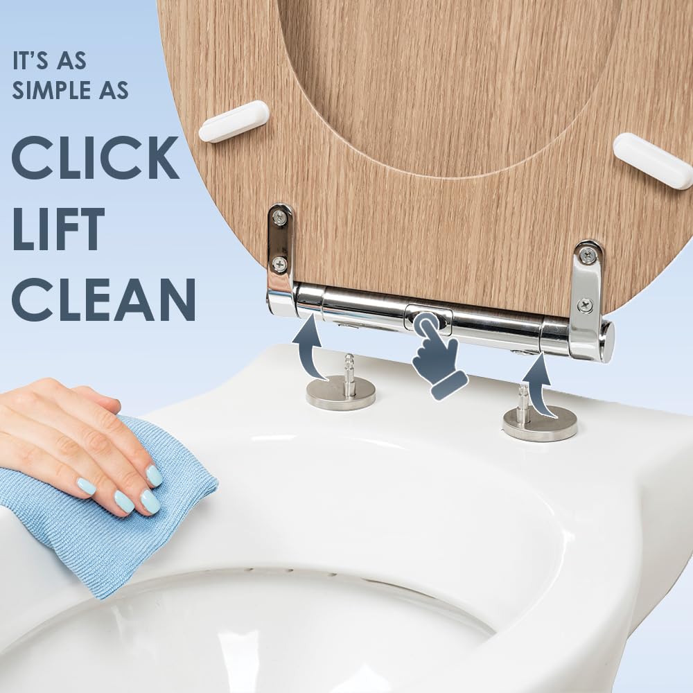 AQUALONA® Luxury Grey Oak Effect Toilet Seat - Soft Close MDF Moulded Wood Seat with Quick Release Button and Durable Hinges - Comfortable, Easy to Clean and Install with Universal Fittings