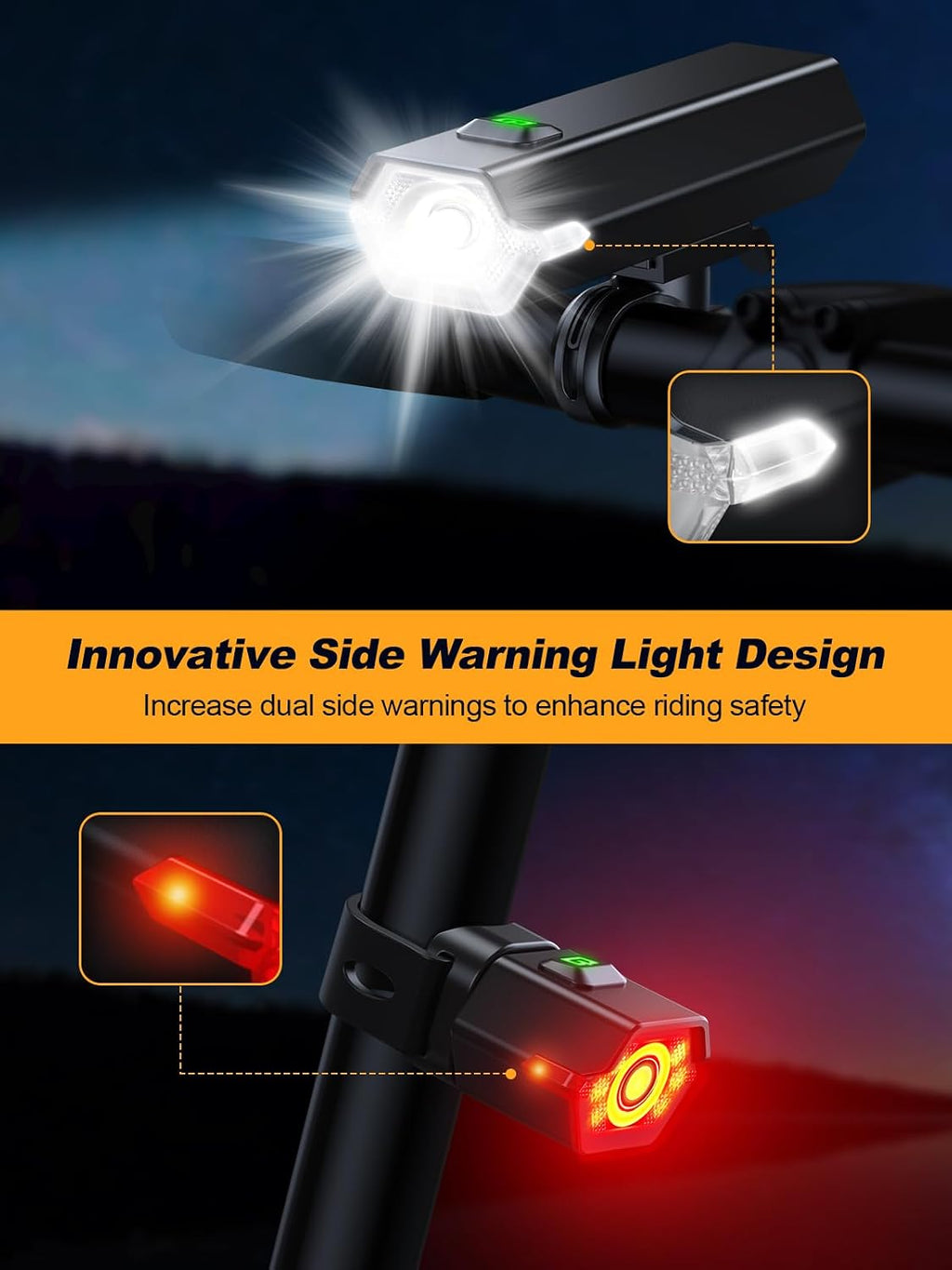 Glangeh Upgraded Bike Lights Super Bright, 4+6 Modes Rechargeable Bike Light Front and Back with Side LEDs, 360° Rotated Bicycle Light, IP65 Waterproof Cycle Brake Light for Day/Night Riding Safety