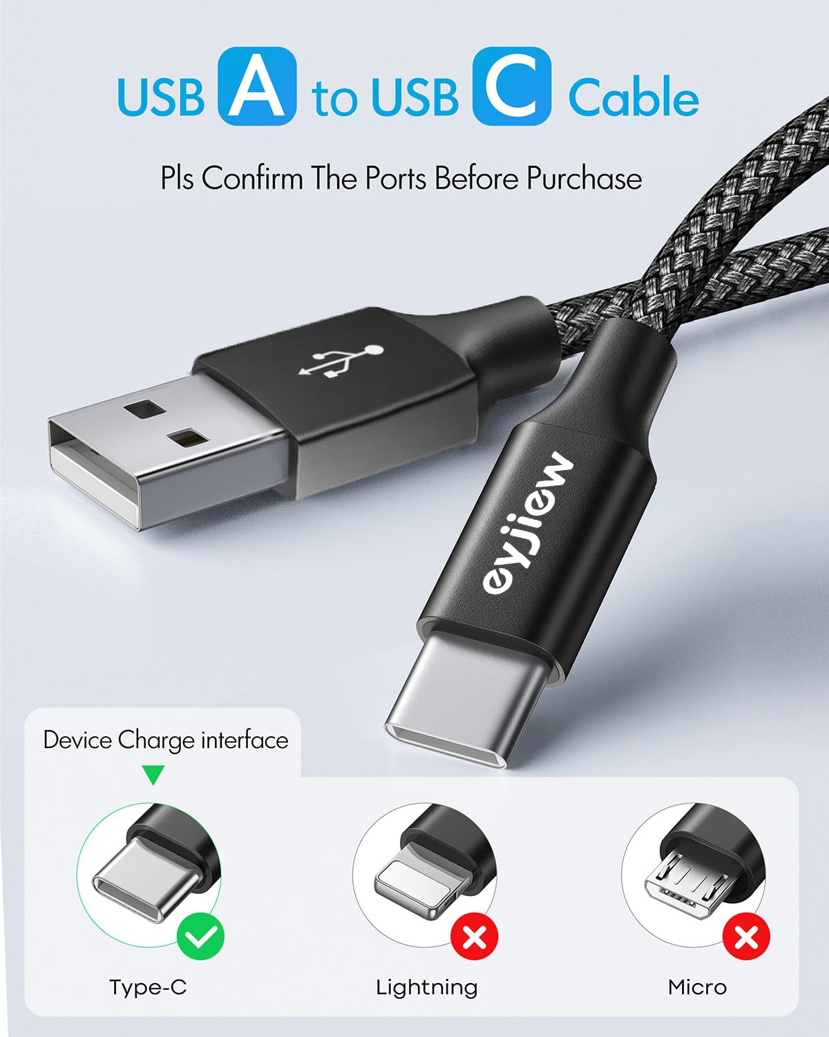 Short USB C Charger Cable 0.5m 2Pack, USB to USB C Car Charger Cable