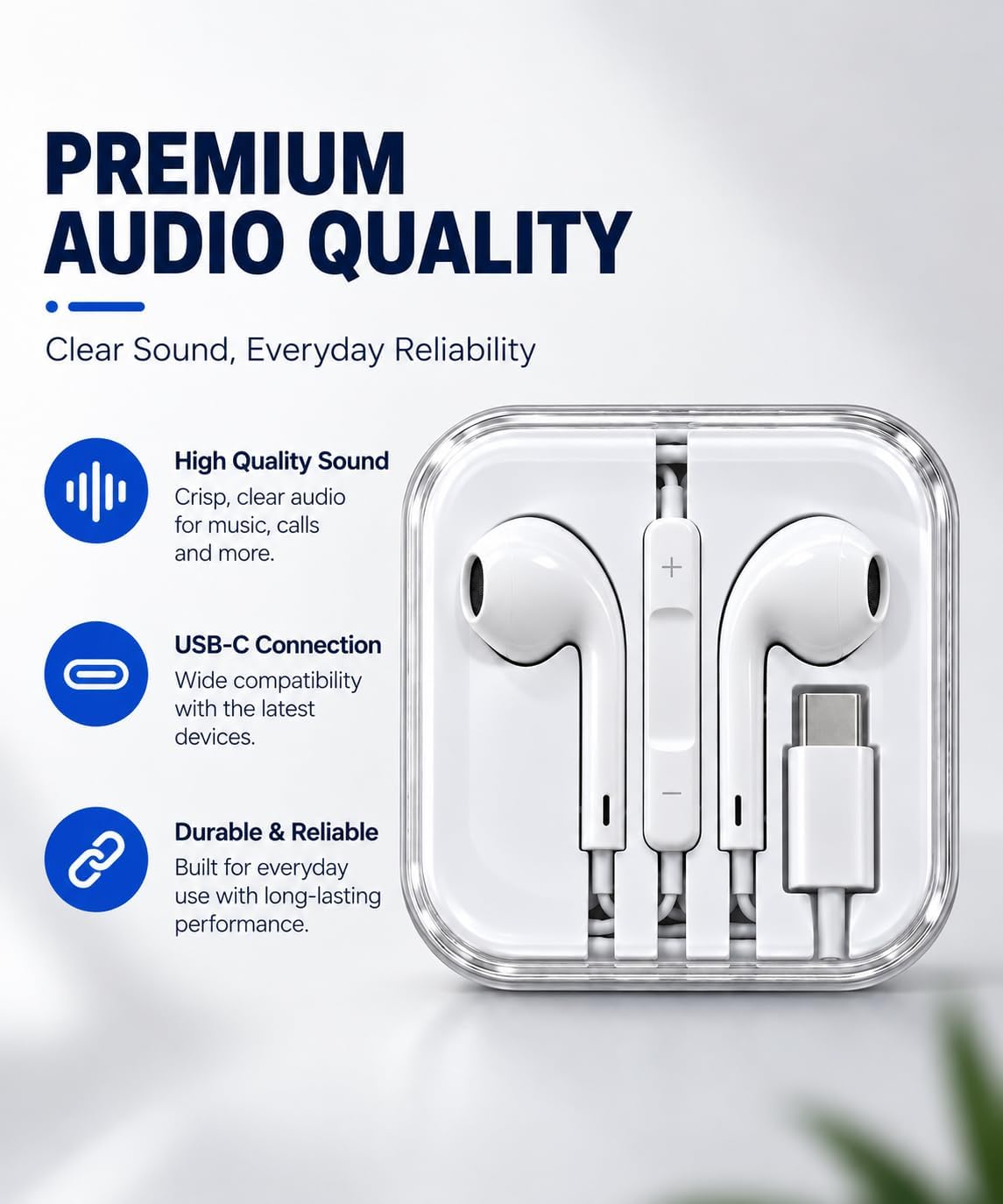 USB-C Wired Earphones with Microphone, In-Ear USB C Headphones, Stereo Earbuds with Mic, Wired Earphones for Samsung Galaxy, iPhone 15 Series, Google Pixel, iPad & USB-C Devices (1 Pack)