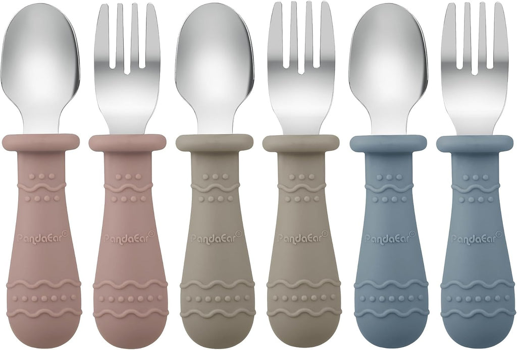PandaEar 6 Pack Toddler Cutlery Set| Baby Fork and Spoon Set| Stainless Steel Childrens Kids Cutlery| Baby Cutlery Self Feeding 12 Months Plus with Silicone Holding Anti-Choke Design (Blue/Brown/Red)