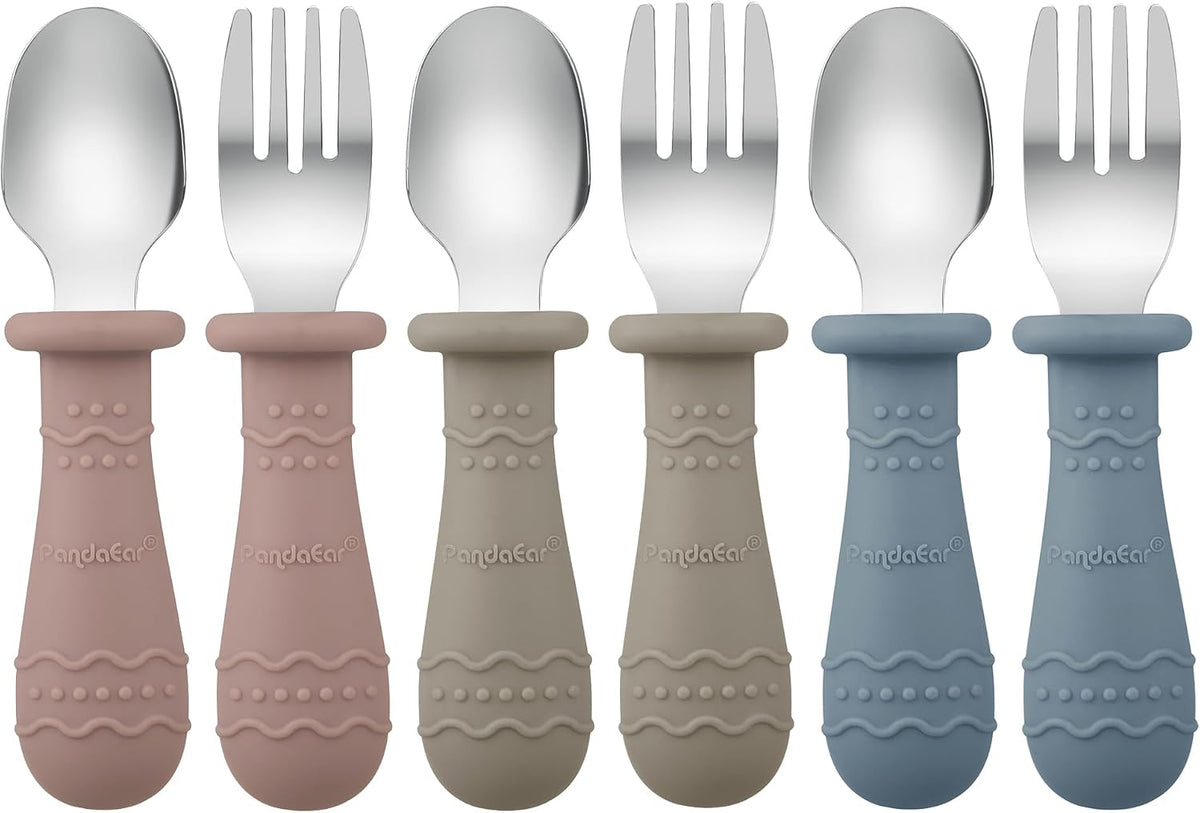 PandaEar 6 Pack Toddler Cutlery Set| Baby Fork and Spoon Set| Stainless Steel Childrens Kids Cutlery| Baby Cutlery Self Feeding 12 Months Plus with Silicone Holding Anti-Choke Design (Blue/Brown/Red)