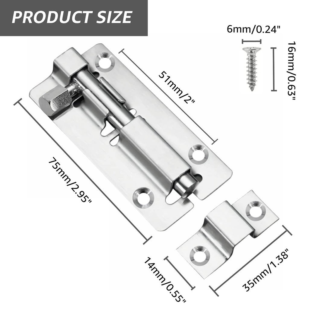 Door Lock Bolts 3"(75mm), 304 Stainless Steel Door Latch Slide Bolts Lock with Screws for Bathroom Bedroom Shed Garden Toilet, 3 Inch