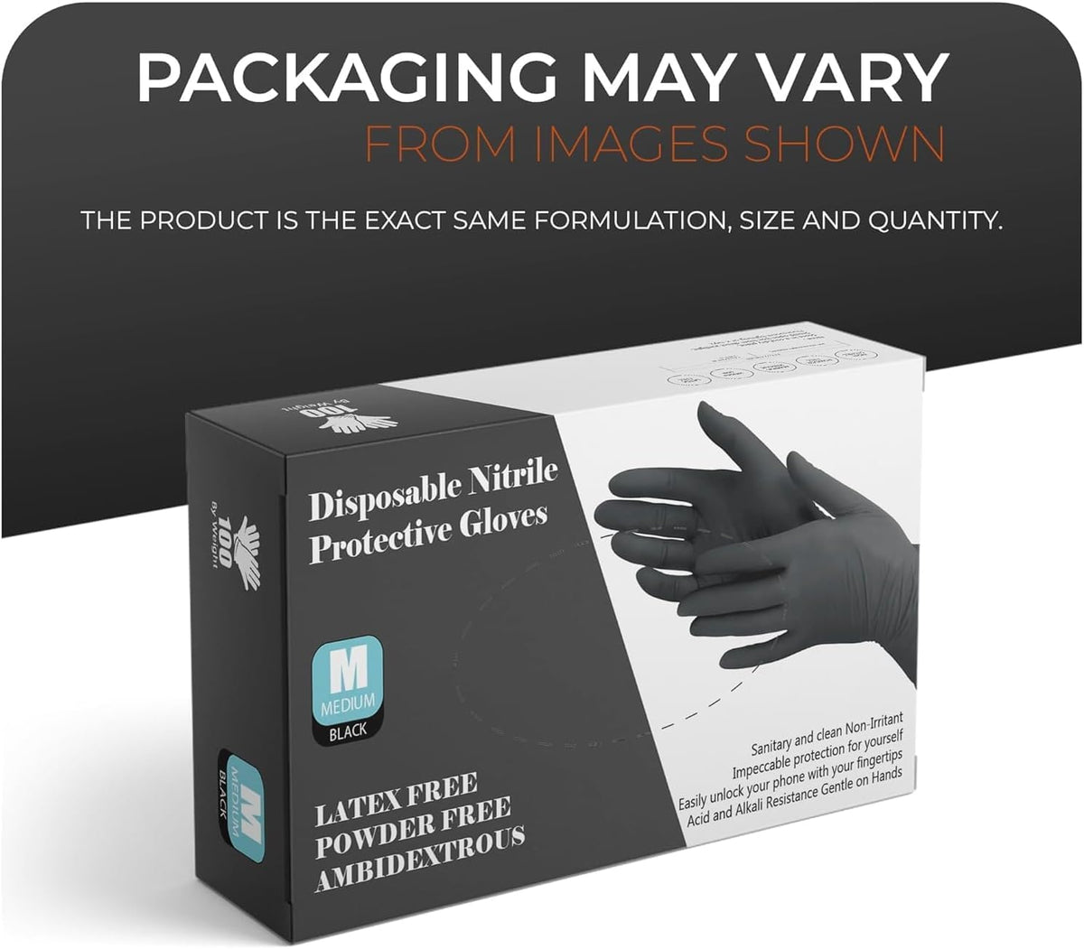 The Real Touch Black Nitrile Multi-Purpose Disposable Gloves, Powder Free, Disposable, Extra Strong - Box of 100 (Black, Large)