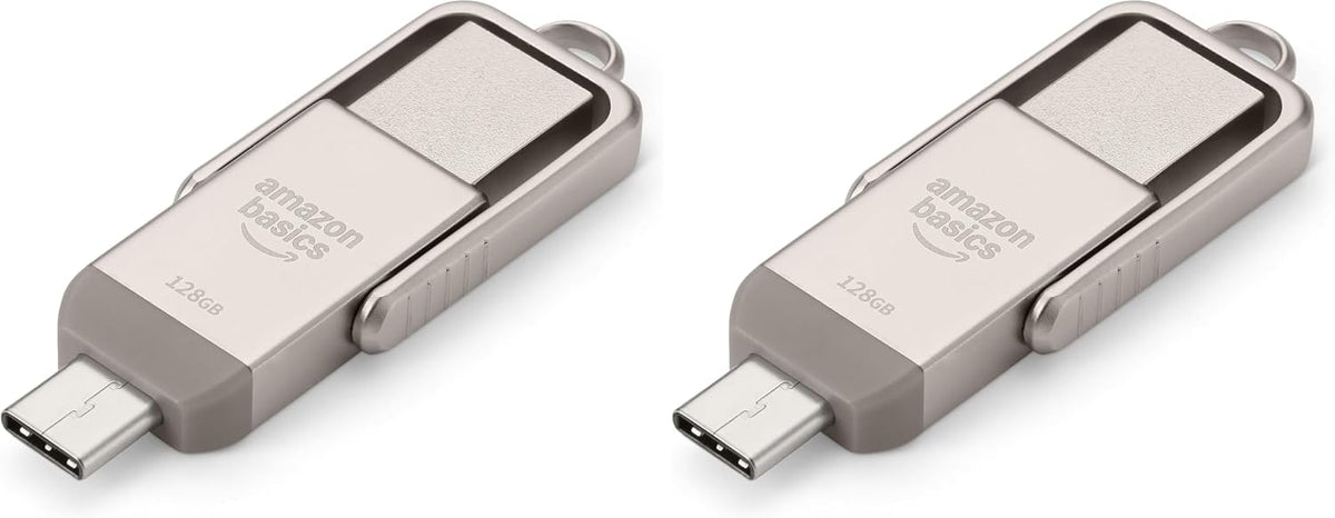Amazon Basics USB Flash Drive, Thumb Drive Memory Stick with USB C and USB A Dual Ports, 128GB, Champagne Silver (Pack of 2)