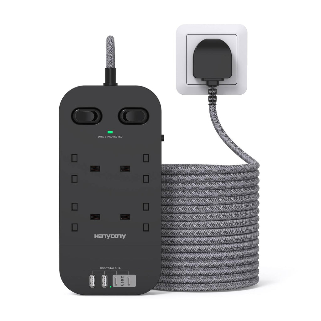 Extension Lead 5M, 4 Way Surge Protected Power Strip with USB C Slots