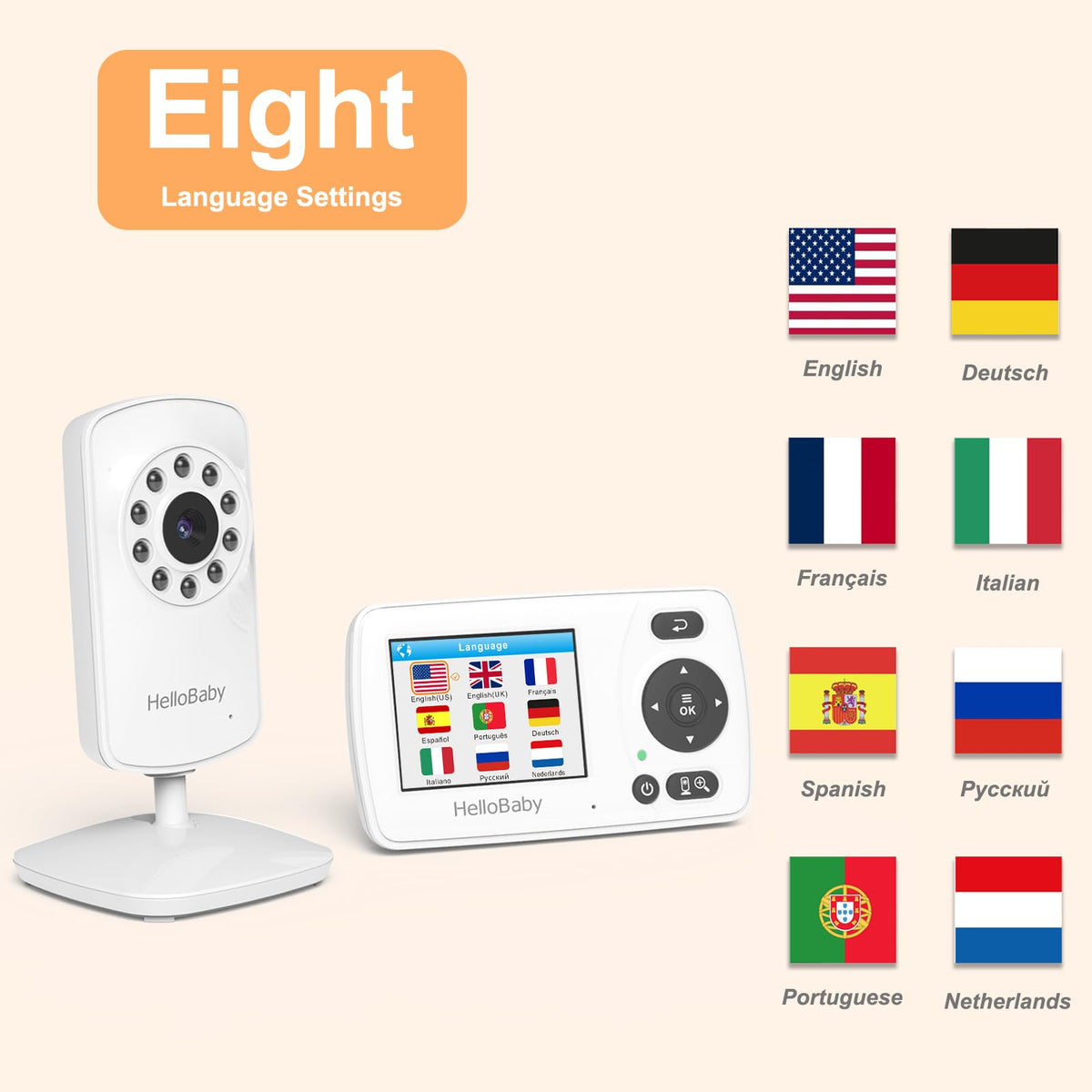 HelloBaby Baby Monitor,29-Hour Battery Life,Upgrade Baby Monitor with Camera and Night Vision,No Wifi,355°/120° Remote Pan Tilt Camera 2x Zoom, ECO Mode,2-way talk,Up to 1000ft,Temperature