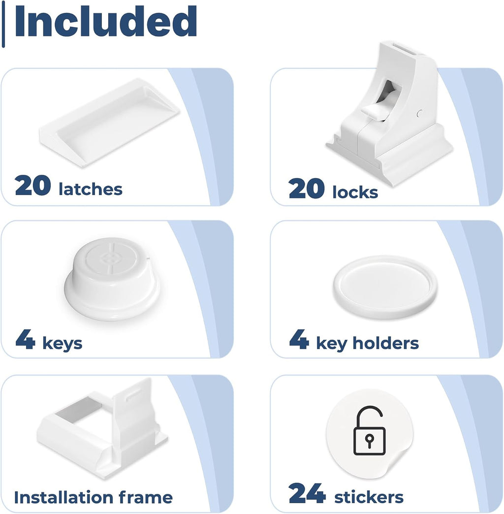 Hoffenbach – 20 Locks & 4 Keys – Magnetic Cupboard Locks – Child Safety Locks for Cabinets, Drawers & Kitchen – Invisible Baby Proofing with Magnet for Doors & Cupboards – White