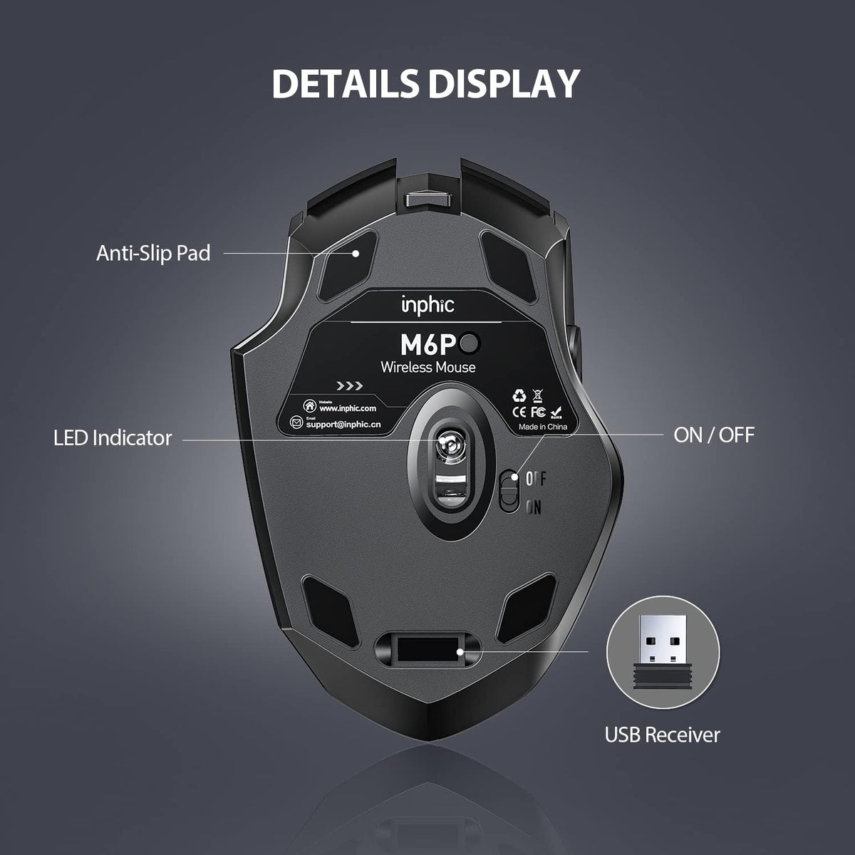 INPHIC Wireless Mouse Rechargeable, [Battery Level Visible], Silent Click USB 2.4G Cordless Mouse for Laptop PC Computer Tablets, 6 Buttons, 2400DPI 4 Adjustment Levels, Black